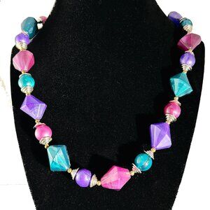 Vintage 80s Chunky Geometric Opera Necklace - 30" Jewel Tones